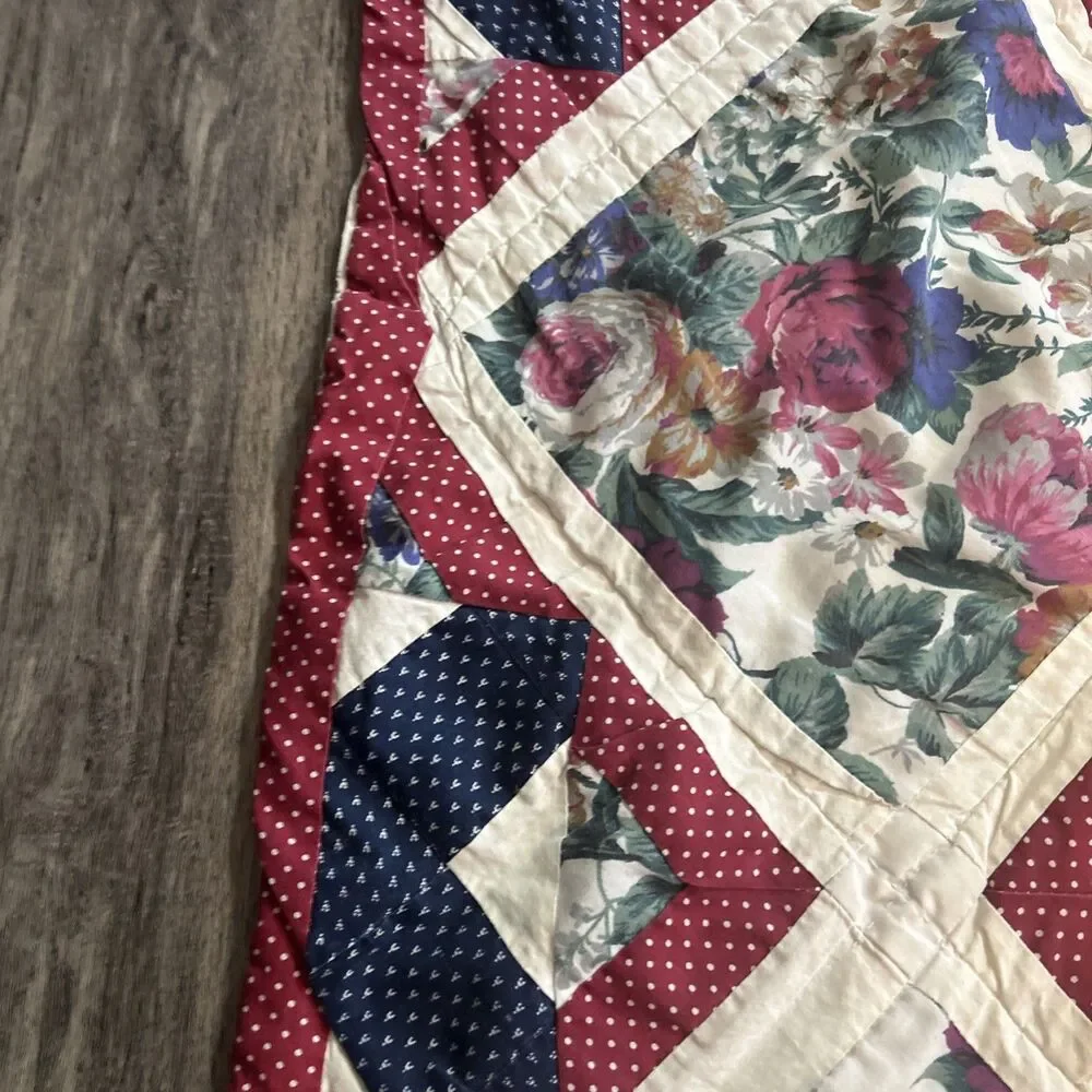 Vtg Twin Handmade Quilt Burgundy And Blue Floral 80x64 Twin Cottage Country